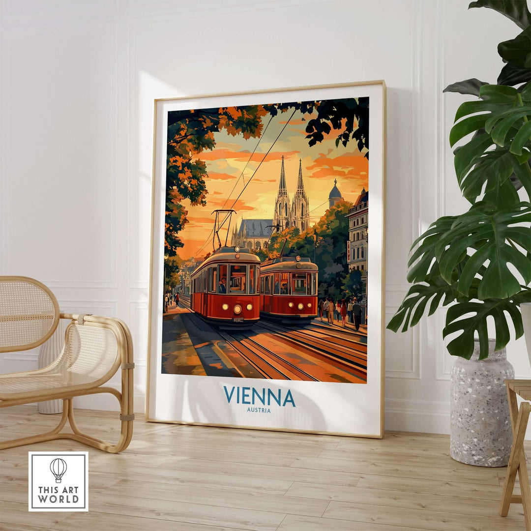 Vienna Print featuring iconic landmarks and a tram, showcasing Austrian culture and European charm, perfect for art lovers and travelers.