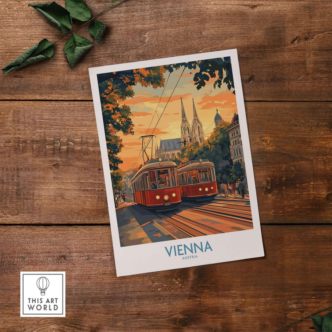 Vienna Print Austria showcasing tram and historic landmarks on wooden background, perfect for art and travel enthusiasts.