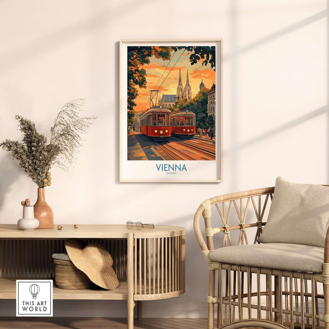 Vienna Print Austria featuring iconic landmarks and red tram, perfect for European art lovers and travel enthusiasts.