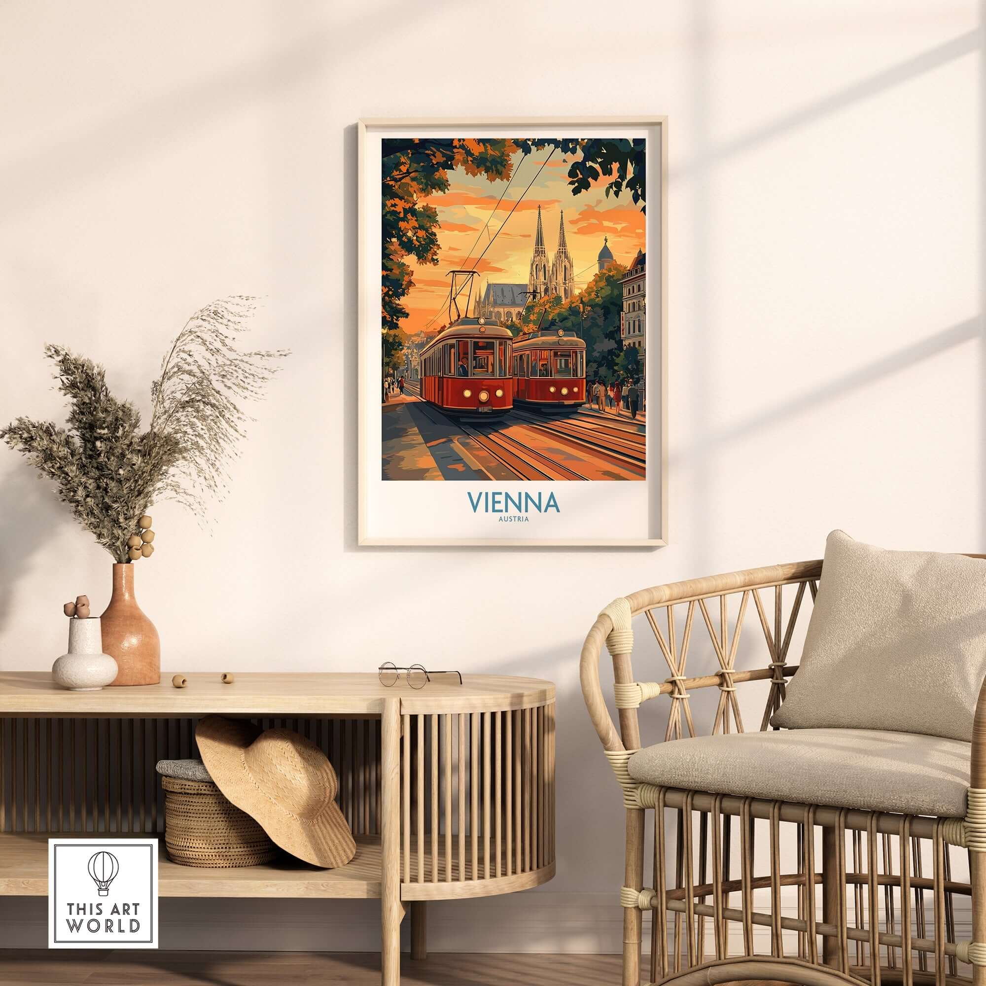 Vienna Print Austria featuring a vintage tram in a cozy living room setting.
