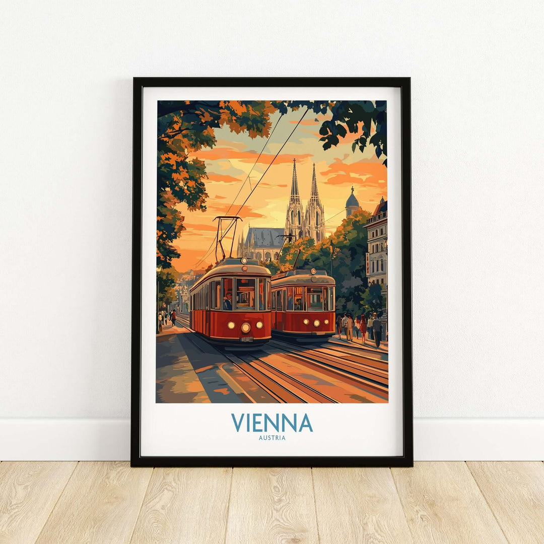 Vintage Vienna print with iconic landmarks and trams, showcasing Austrian culture and art, adding European charm to any room.