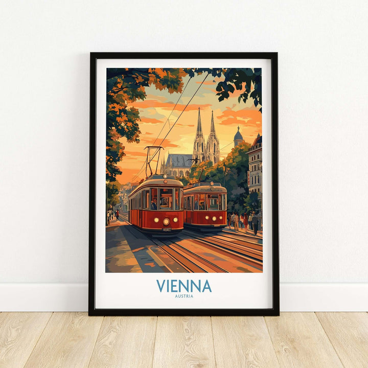 Vintage Vienna print with iconic landmarks and trams, showcasing Austrian culture and art, adding European charm to any room.