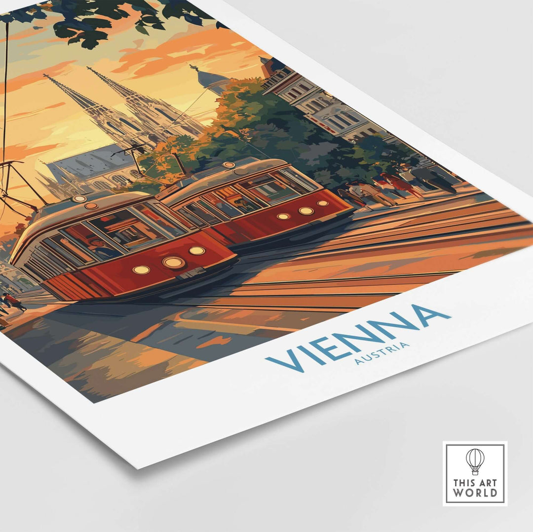 Vienna Print Austria featuring iconic red trams and the historic cityscape, capturing European art and culture charm.