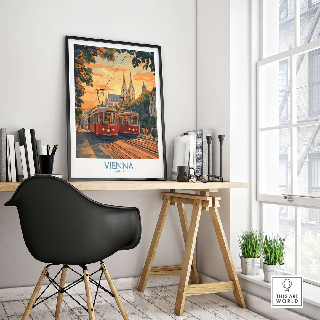 Stylish room with Vienna Print featuring iconic landmarks and a vintage tram, capturing Austria's charm and culture.