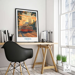 Vienna Print Austria displayed in a modern workspace highlighting Vienna's iconic tram and cityscape.