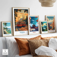 Vienna Print Austria displayed among other travel-themed art prints on a stylish shelf.