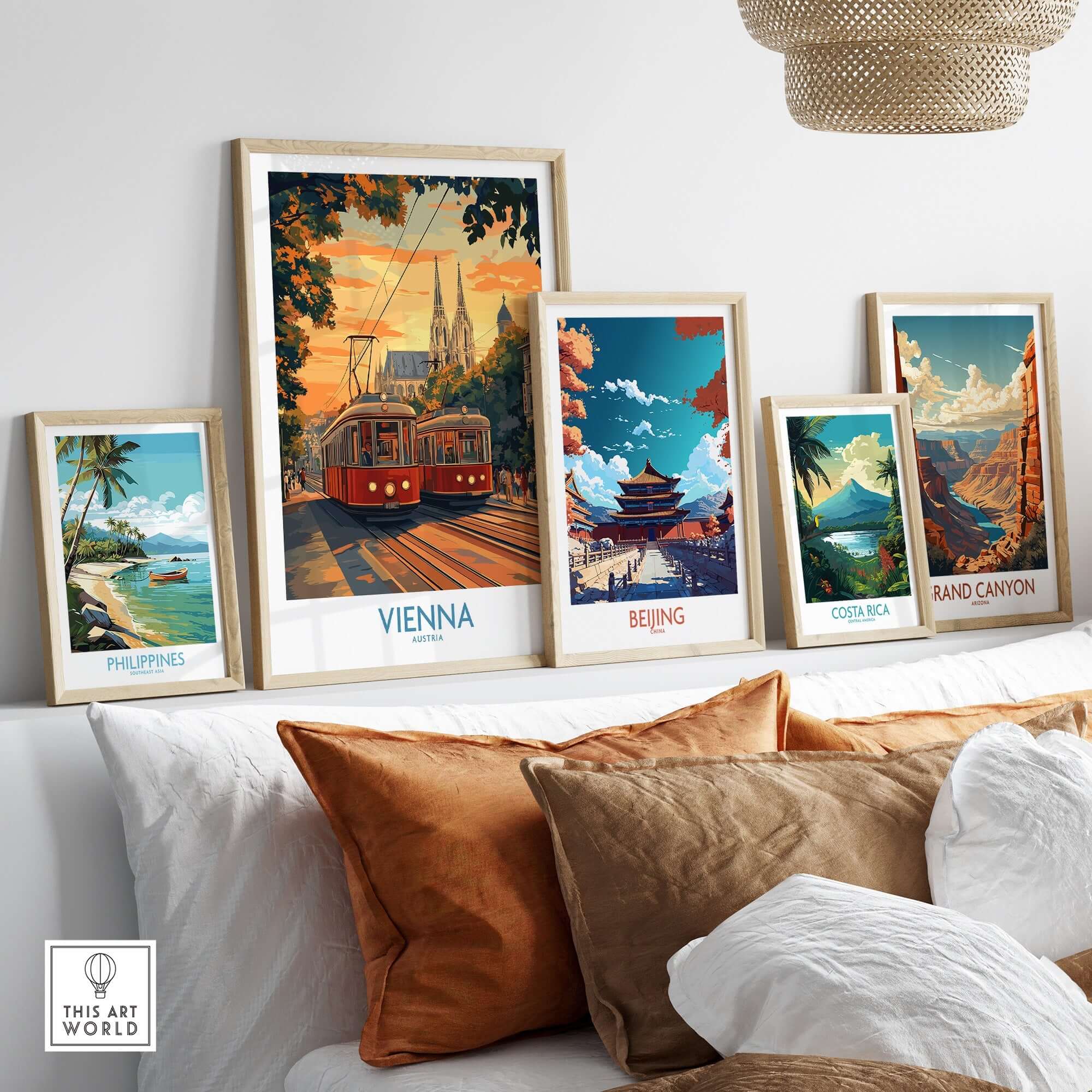 Vienna Print Austria displayed among other travel-themed art prints on a stylish shelf.