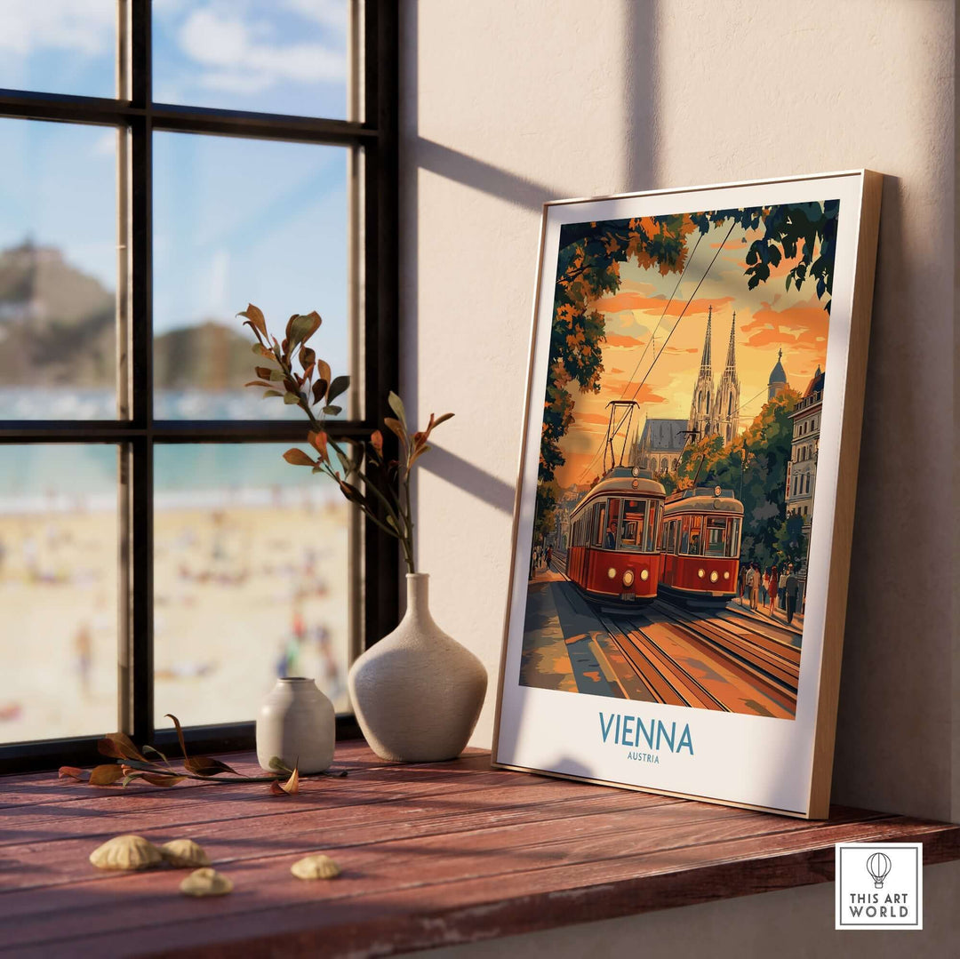 Vienna Print Austria displayed on a windowsill, featuring iconic landmarks and vibrant colors, adding European charm to any room.