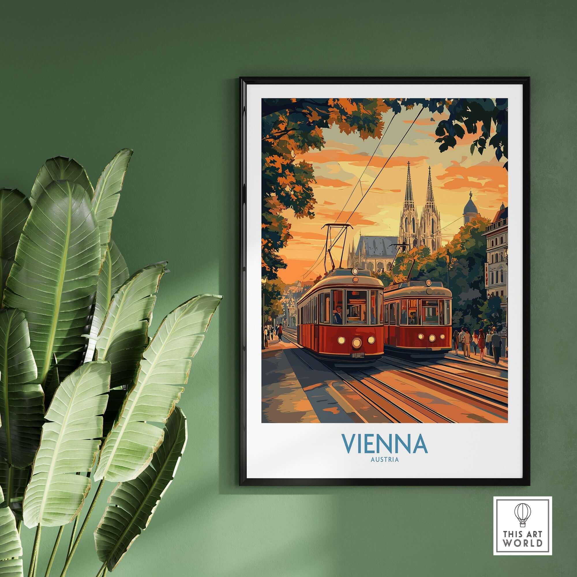 Vienna Print Austria featuring a vintage tram in front of historic buildings and autumn trees.