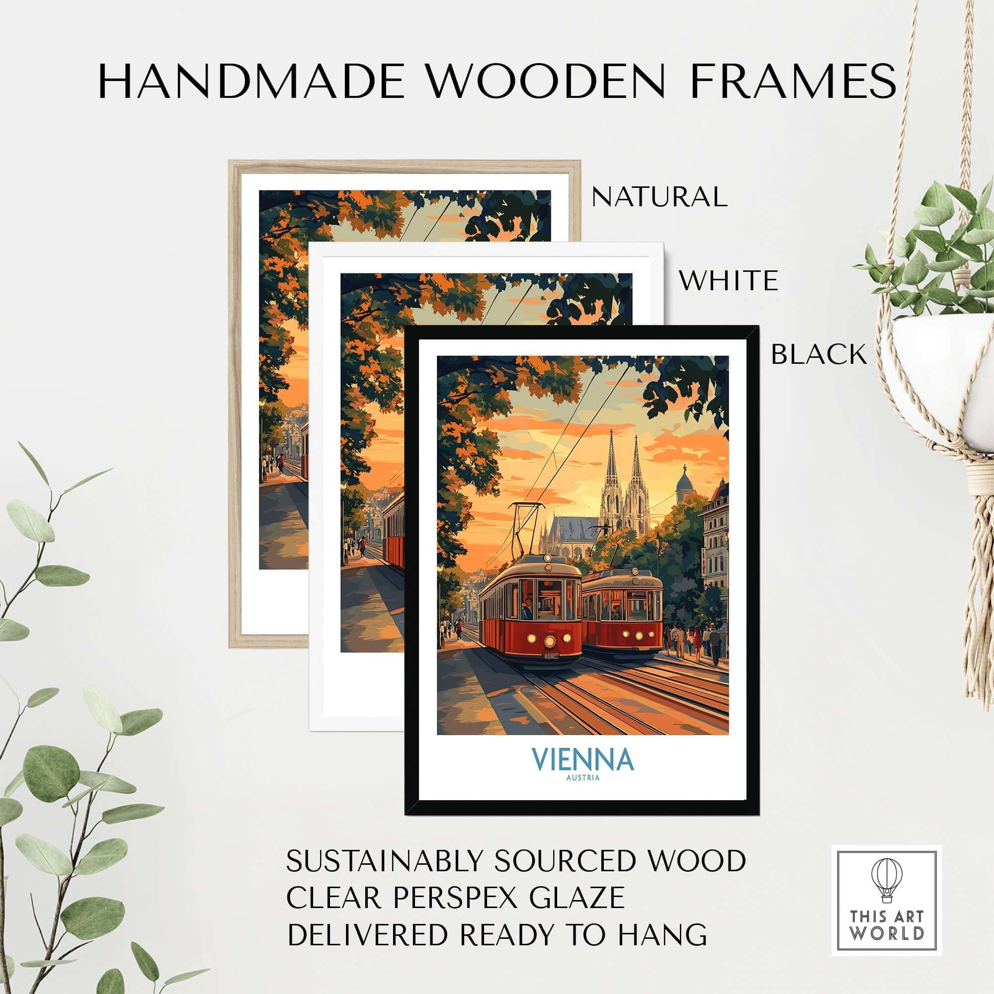 Vienna Print Austria in handmade wooden frames, showcasing vibrant cityscape details in natural, white, and black colors.