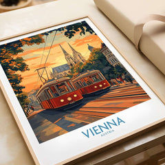 Vienna Print Austria showcasing tram and historic landmarks in vibrant sunset colors.