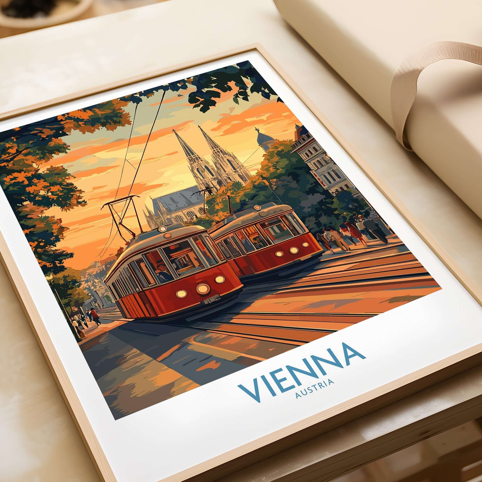 Vienna Print Austria showcasing tram and historic landmarks in vibrant sunset colors.