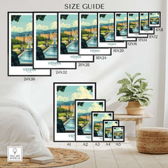 Vienna Travel Poster size guide showcasing different frame sizes for the Vienna Travel Poster in a stylish setting.