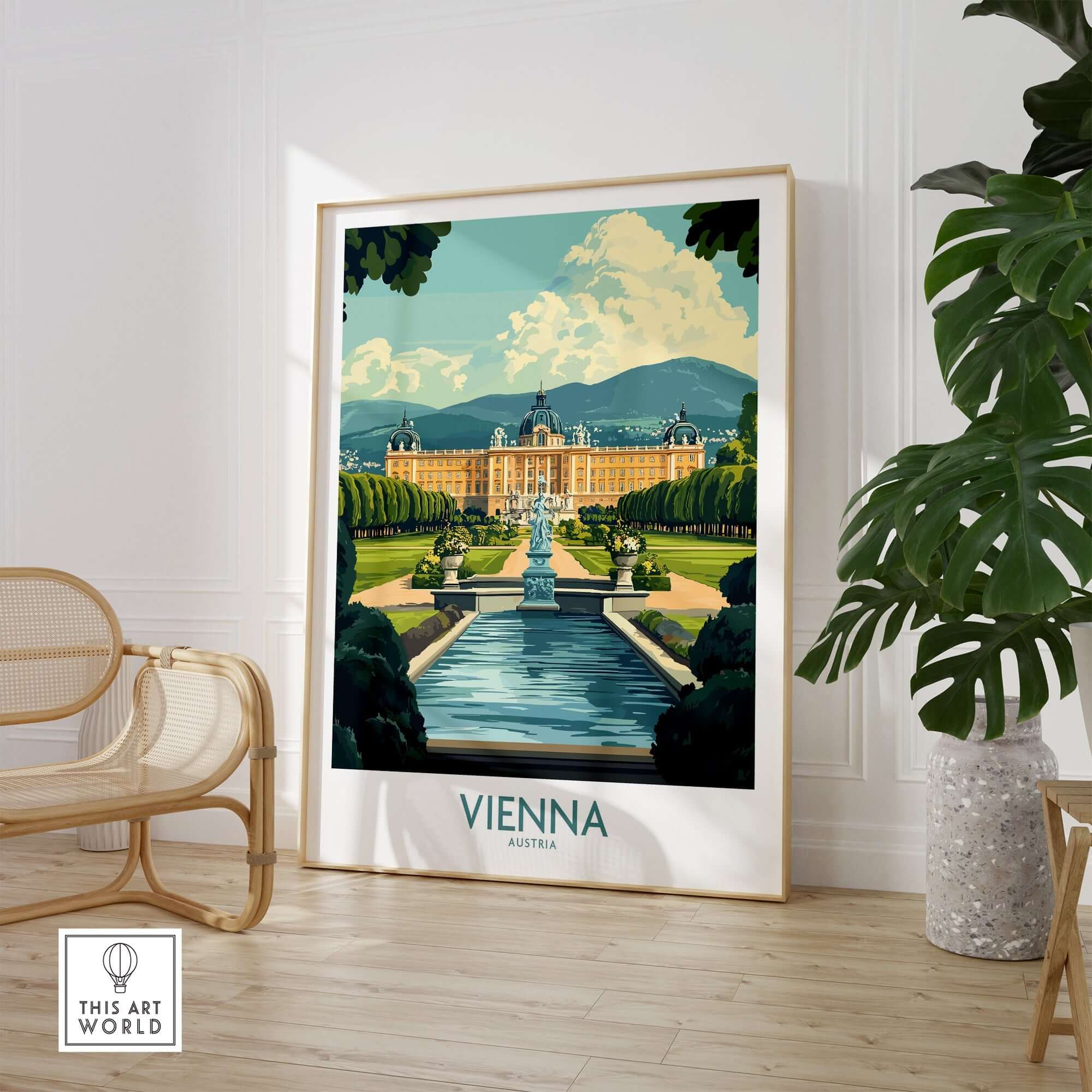 Vienna Travel Poster showcasing a picturesque view of Vienna, Austria with gardens and the palace.