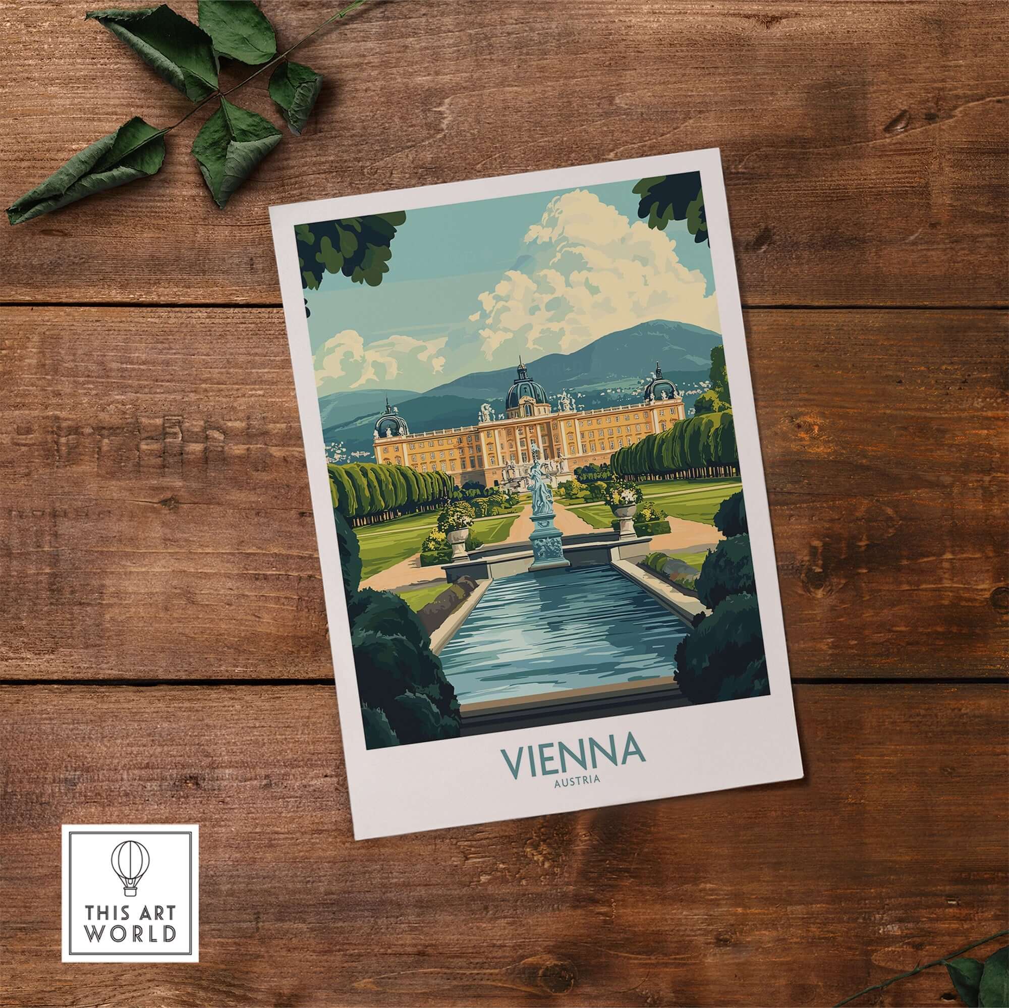 Vienna Travel Poster featuring stunning landmark and gardens in Vienna, Austria, perfect for travel enthusiasts.