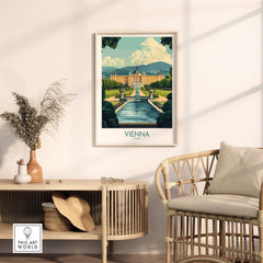 Vienna Travel Poster showcasing landmarks and scenery of Vienna in a stylish home setting.