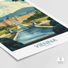 Vienna Travel Poster showcasing Schönbrunn Palace garden and fountain in Vienna, Austria.