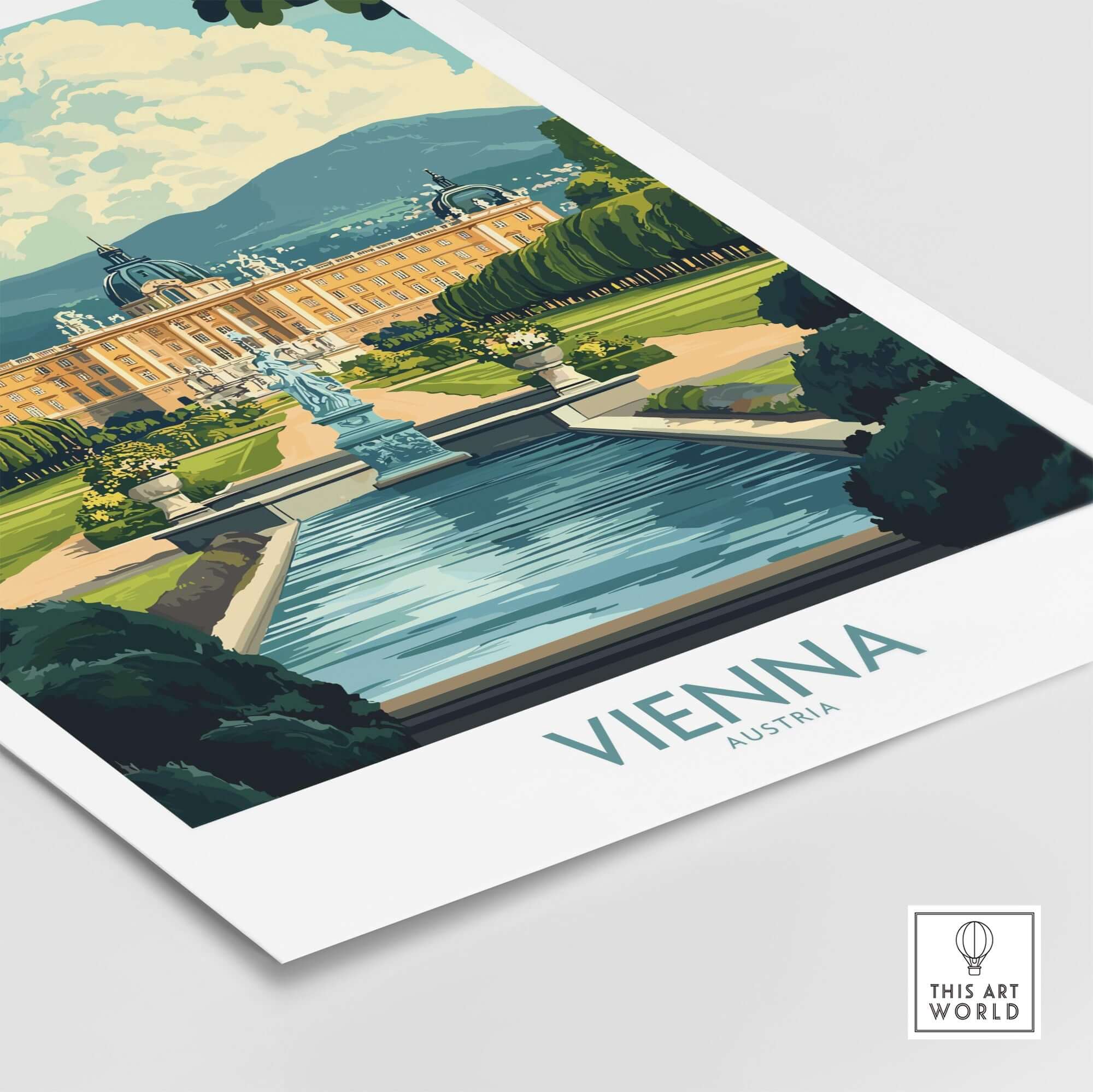 Vienna Travel Poster showcasing Schönbrunn Palace garden and fountain in Vienna, Austria.