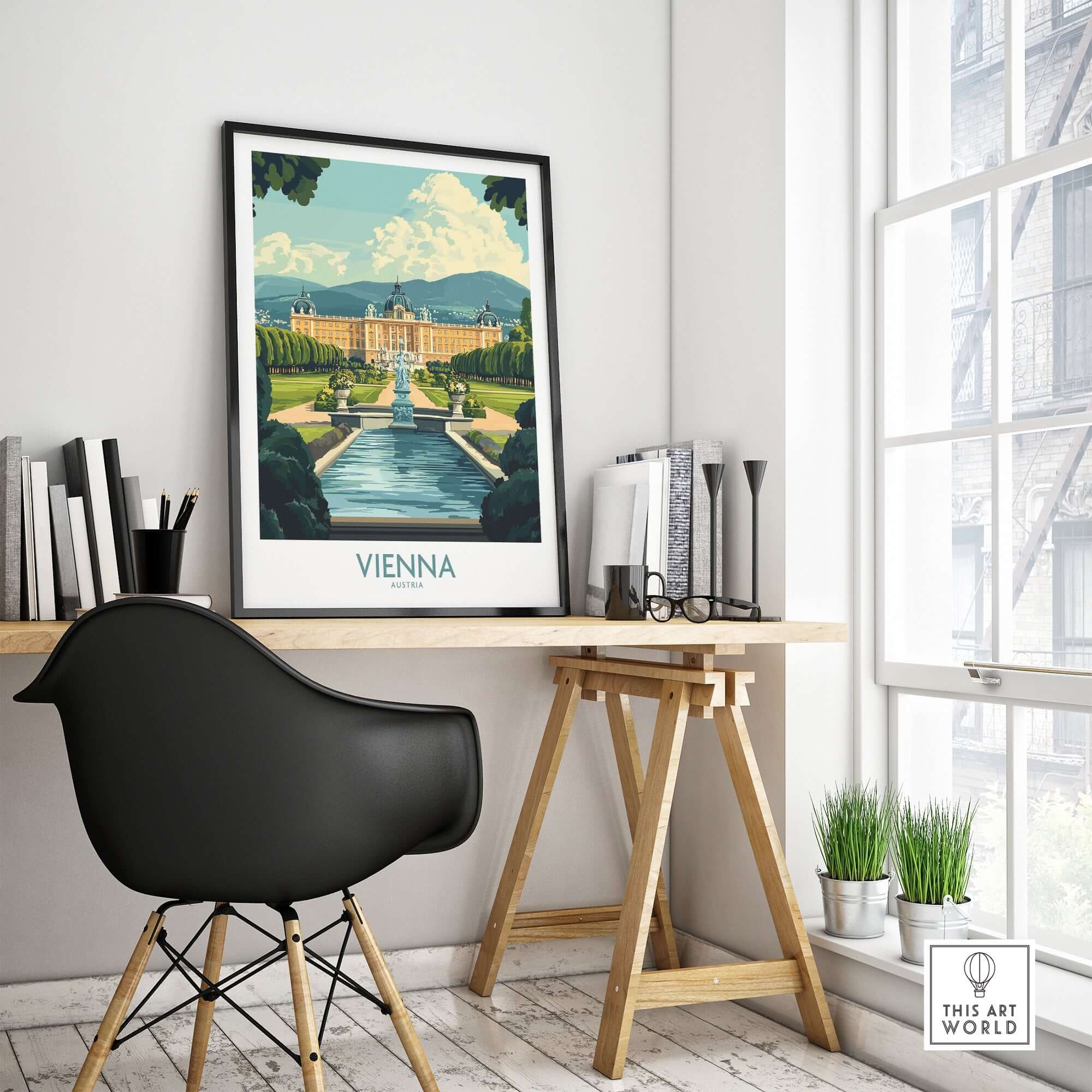 Vienna Travel Poster displayed in a modern workspace, highlighting the beauty of Vienna's landmarks and scenery.