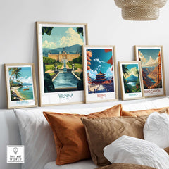 Vienna Travel Poster displayed among other travel posters on a stylish wall, showcasing beautiful cityscapes.