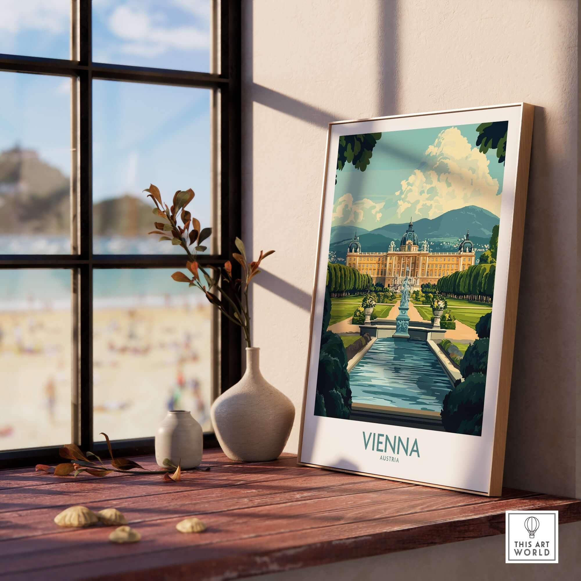 Vienna Travel Poster displayed elegantly on a windowsill with a scenic view of the Schönbrunn Palace.