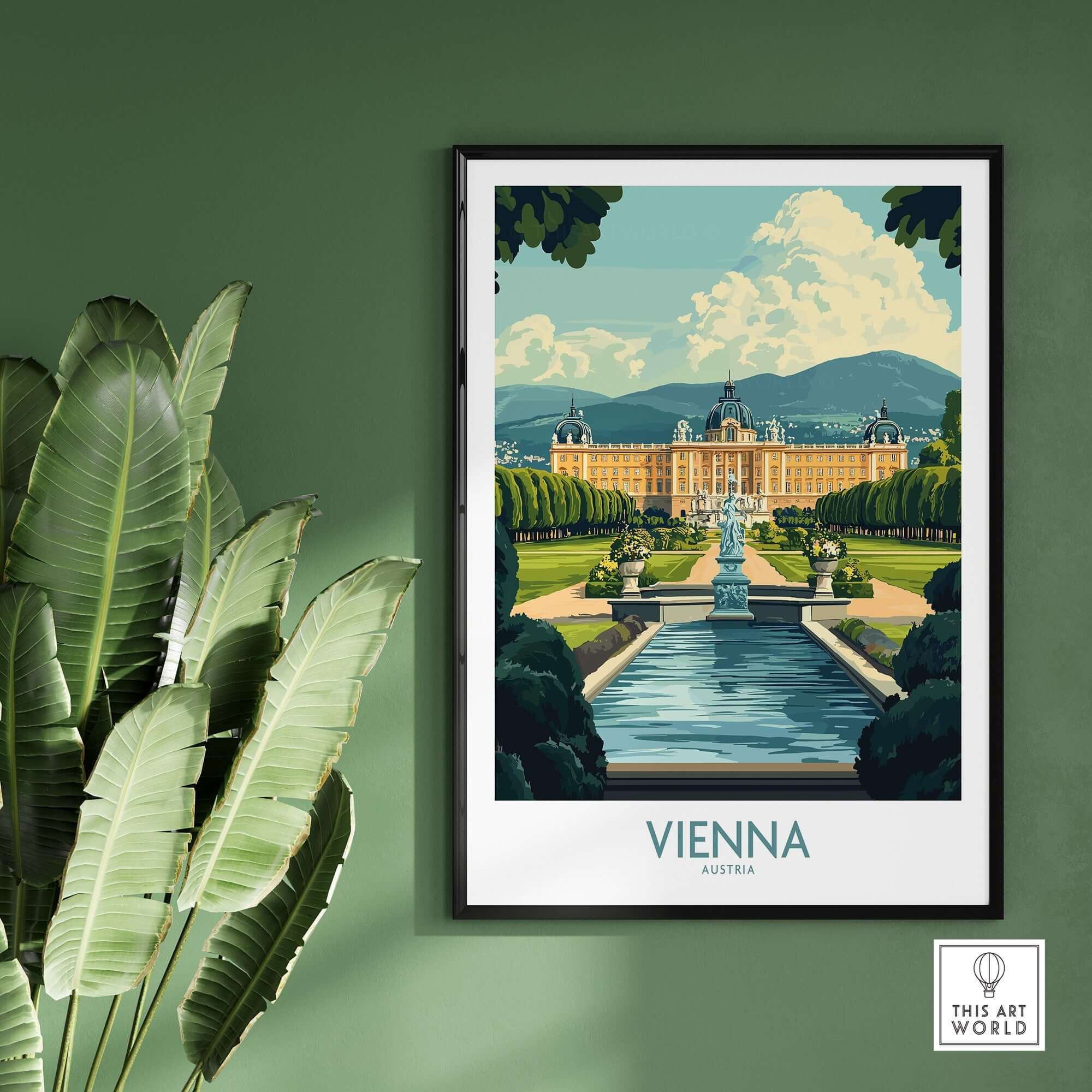 Vienna Travel Poster featuring stunning architecture and gardens in Austria.
