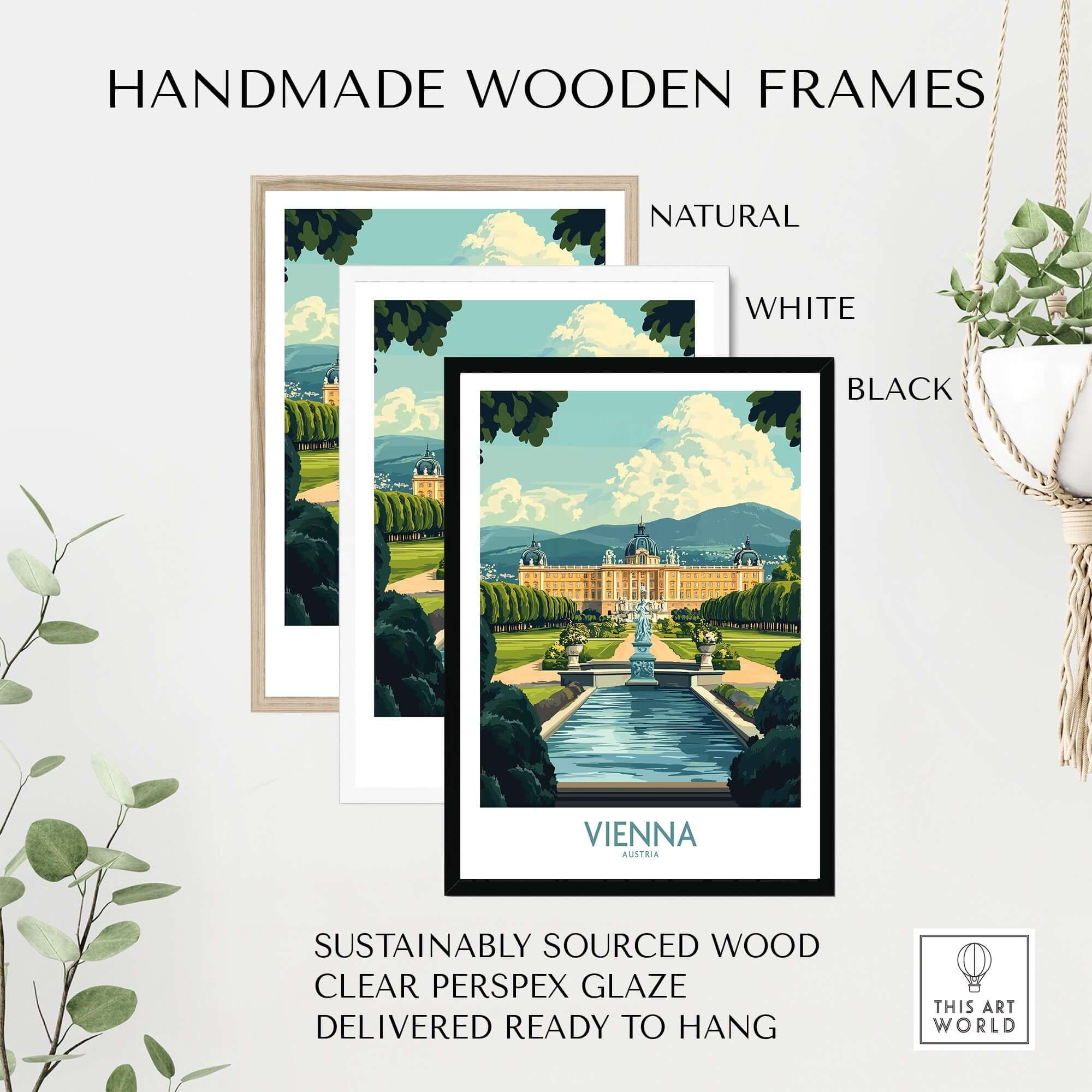 Vienna Travel Poster displayed in handmade wooden frames of natural, white, and black colors, sustainably sourced.