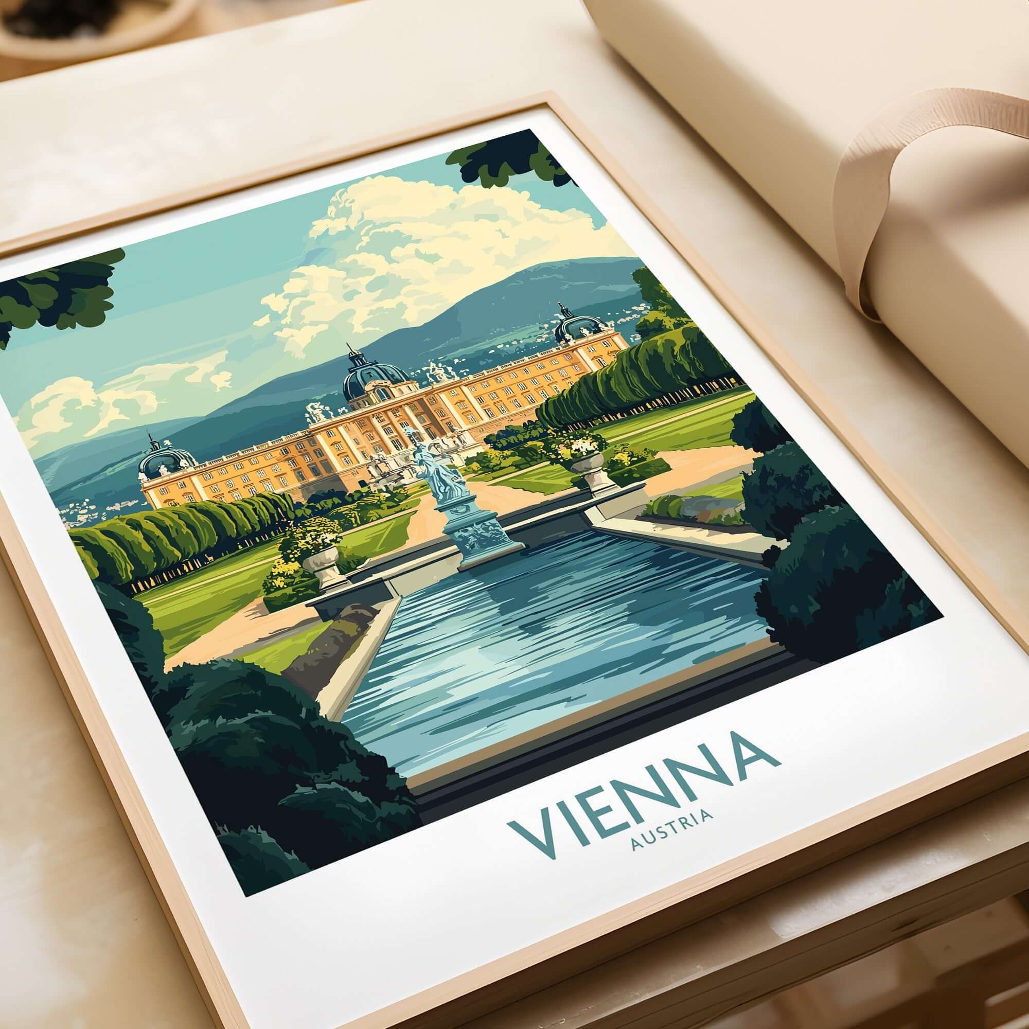 Vienna Travel Poster showcasing Schönbrunn Palace and gardens, perfect for travel lovers.