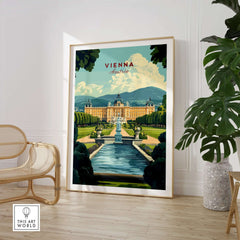 Vienna Travel Print showcasing stunning architecture and vibrant colors of Vienna, Austria in a chic home setting.
