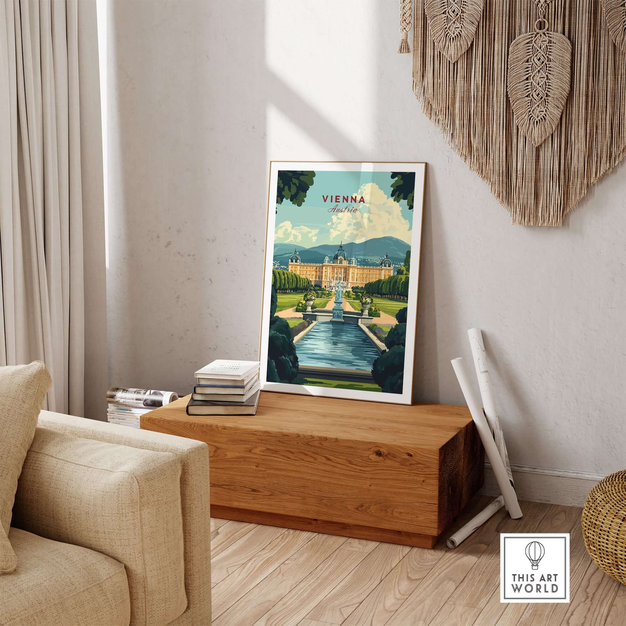 Vienna Travel Print showcasing stunning architecture and vibrant colors of Vienna in a stylish home decor setting.