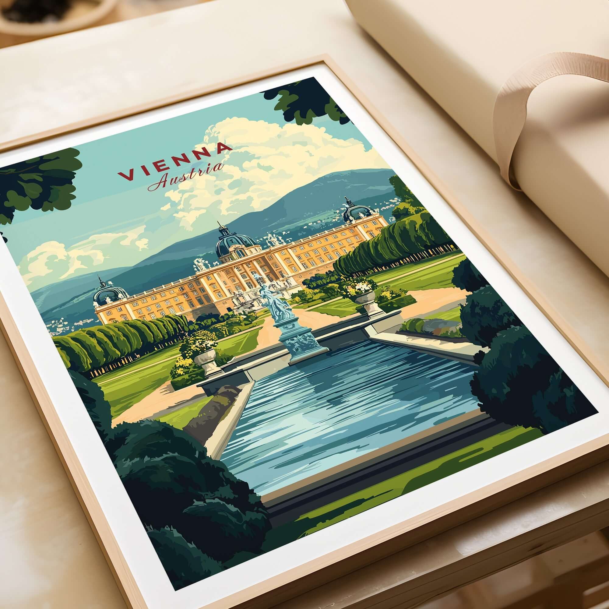 Vienna Travel Print featuring stunning architecture and vibrant colors of a historical scene in Vienna, Austria.