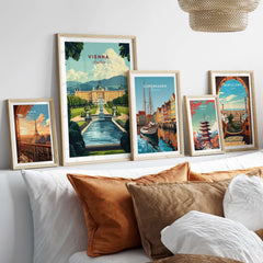 Vienna Travel Print displayed among other travel prints in a stylish modern interior setting.