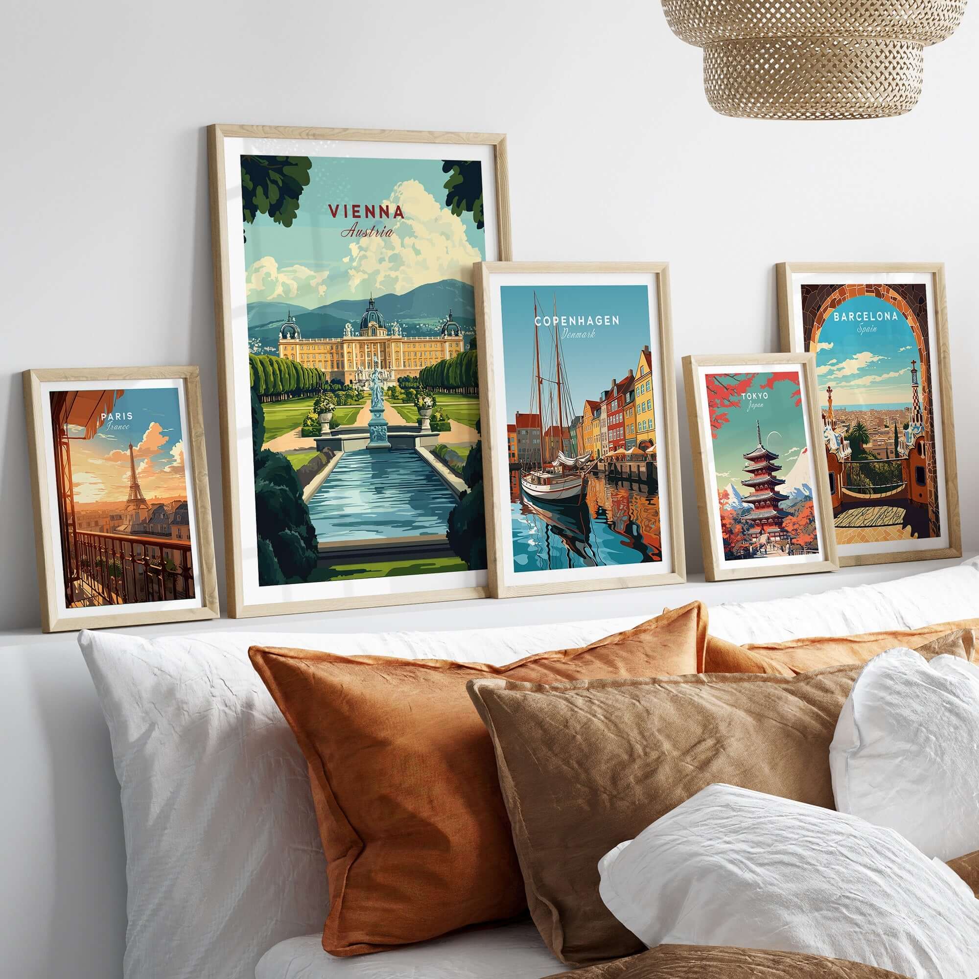 Vienna Travel Print displayed among other travel prints in a stylish modern interior setting.