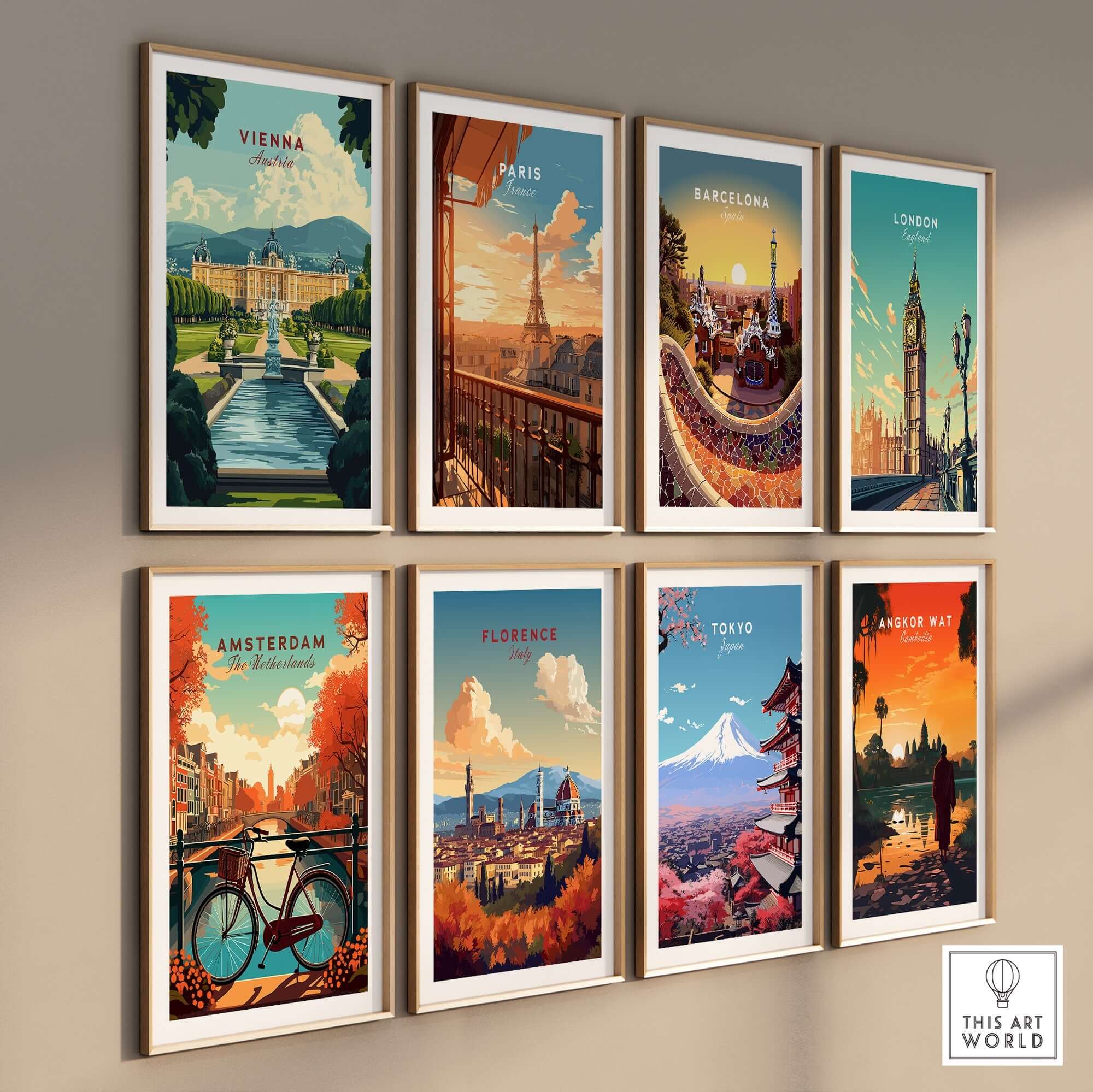 Vienna Travel Print featuring vibrant travel posters of iconic cities including Vienna, Paris, Barcelona, and more.