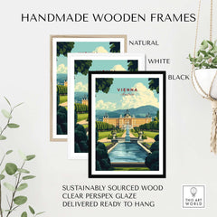 Vienna Travel Print displayed in handmade wooden frames: natural, white, and black, showcasing vibrant architecture.