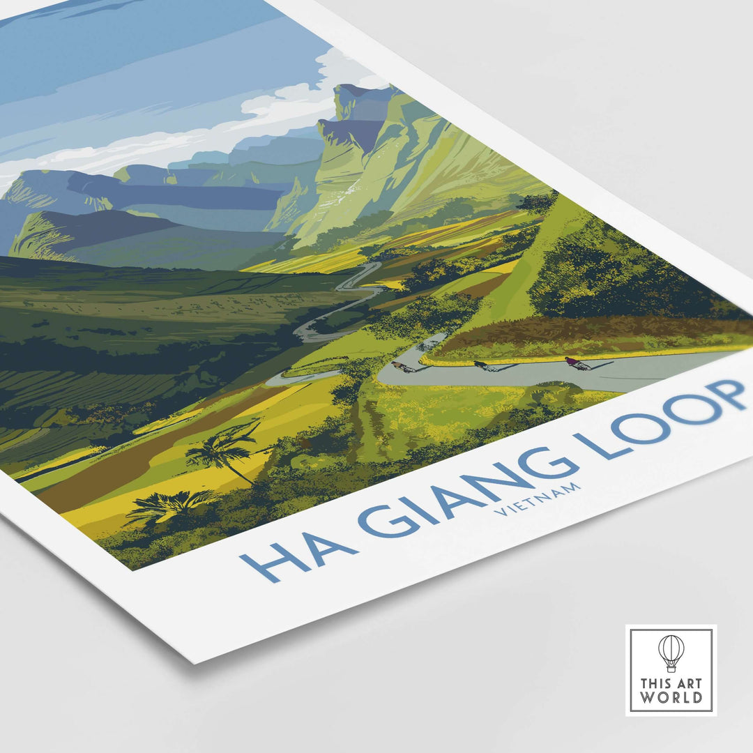 Ha Giang Loop landscape poster featuring panoramic view of Vietnam's valleys, hills, and winding roads.