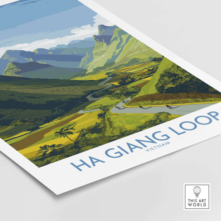 Ha Giang Loop landscape poster featuring panoramic view of Vietnam's valleys, hills, and winding roads.