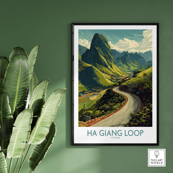Ha Giang Loop mountain landscape poster featuring winding road and peaks, ideal travel wall art for nature lovers.