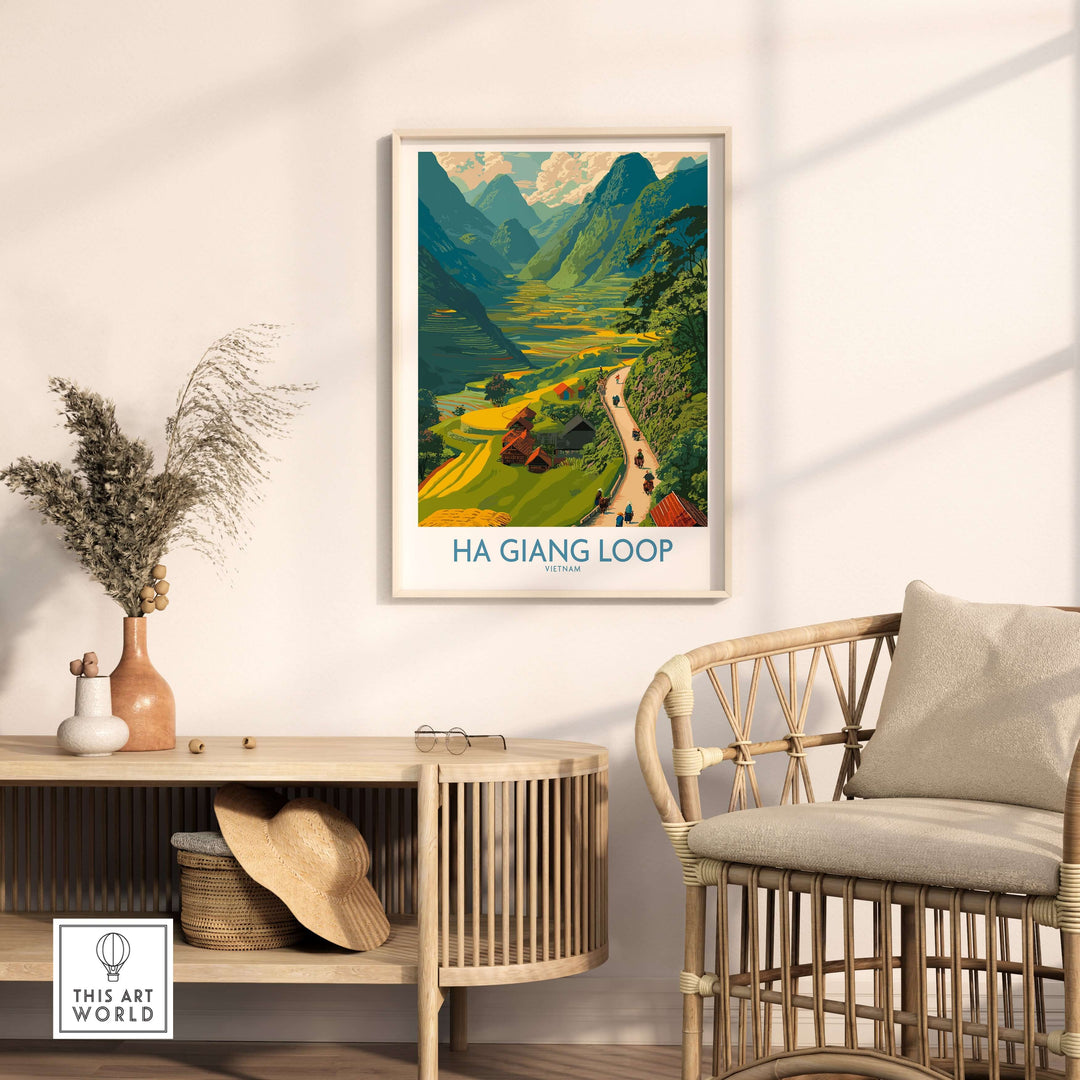 Ha Giang Loop travel poster featuring motorbikes and vibrant valley scenery in a stylish living room setting.