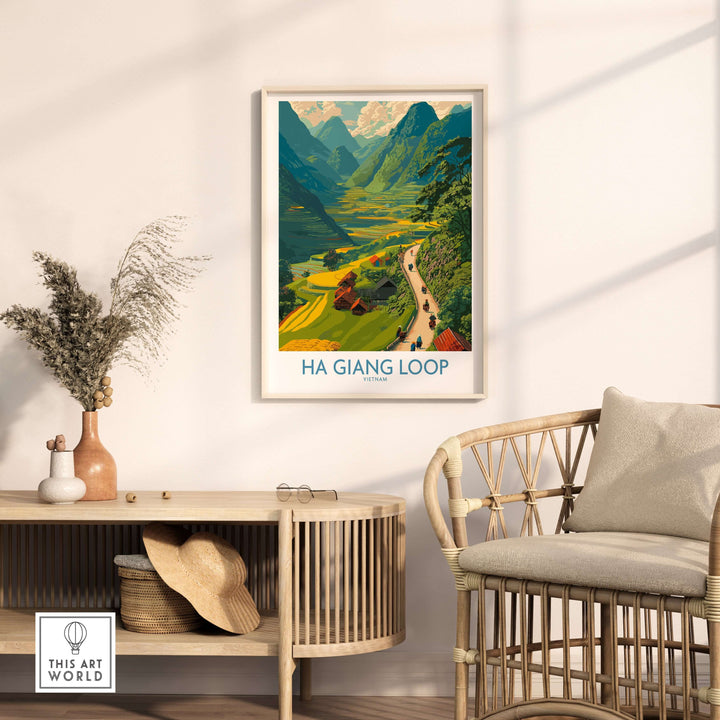 Ha Giang Loop travel poster featuring motorbikes and vibrant valley scenery in a stylish living room setting.
