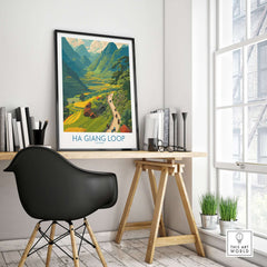Vietnam Ha Giang Loop Village Poster Mountain Valley Print Motorbike Travel Wall Art in a modern home office setting.