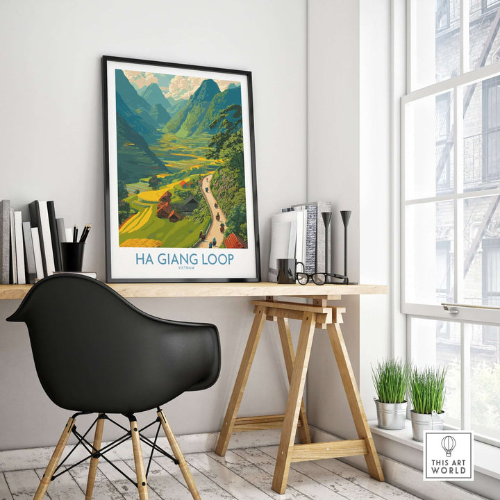 Ha Giang Loop travel poster featuring a vibrant valley scene with motorbikes and mountains, displayed in a stylish workspace.