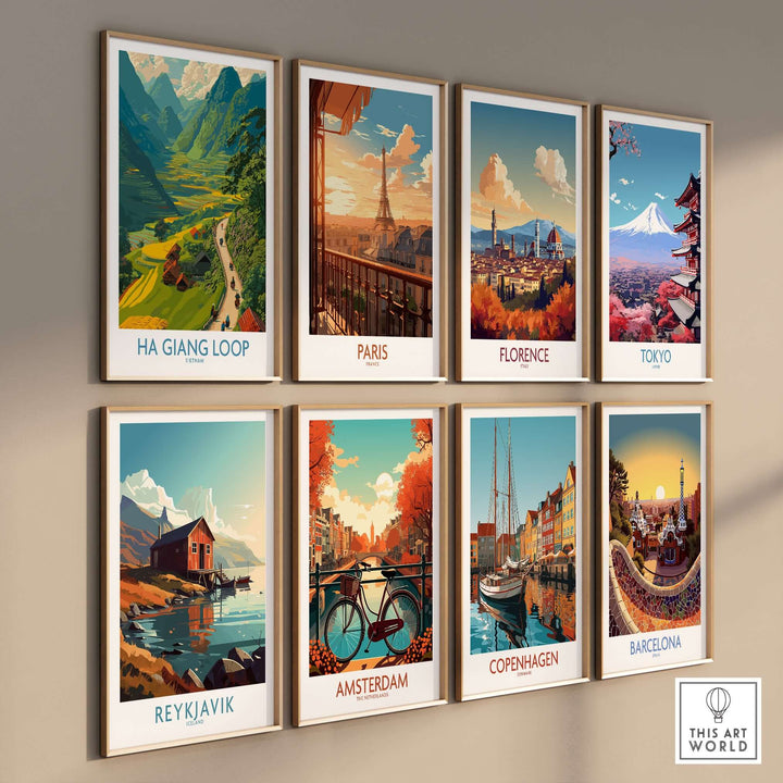 Collection of scenic travel posters featuring Ha Giang Loop, Paris, Florence, Tokyo, Reykjavik, Amsterdam, Copenhagen, and Barcelona.