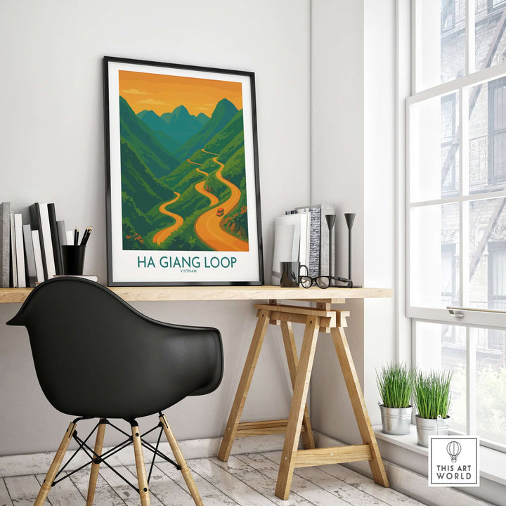 Vietnam Ha Giang Loop sunset poster in stylish interior, showcasing winding roads and green mountains.