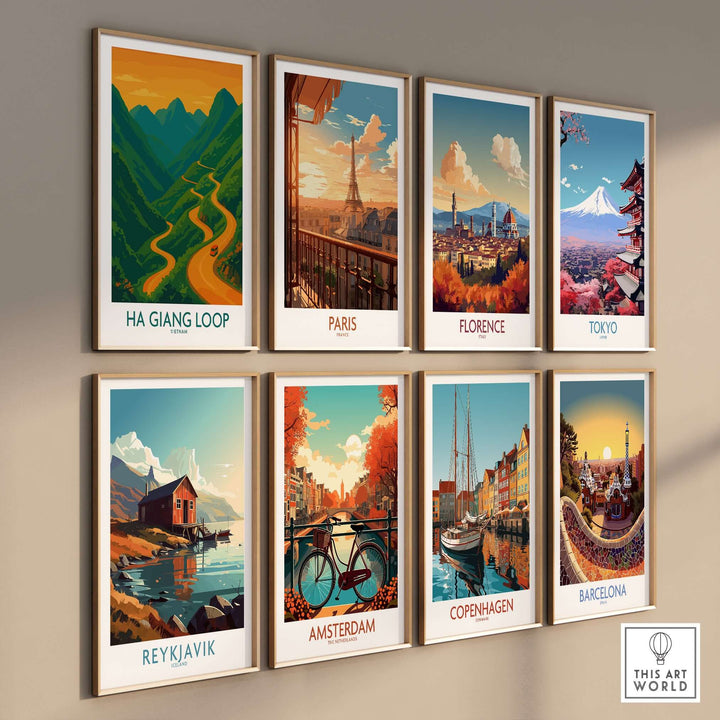Collection of travel posters featuring Ha Giang Loop, Paris, Florence, Tokyo, Reykjavik, Amsterdam, Copenhagen, and Barcelona.