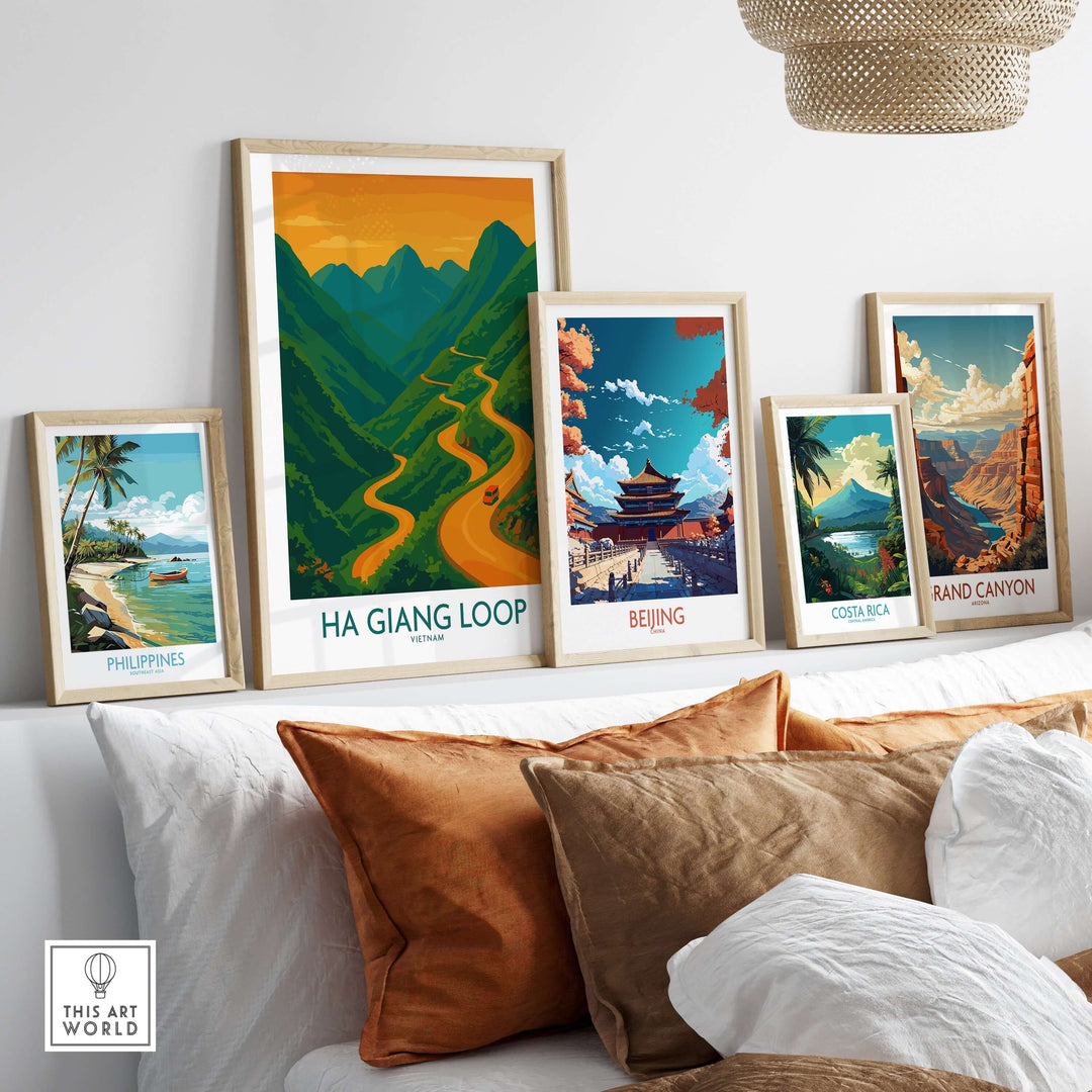 Framed travel posters of Ha Giang Loop, Beijing, Costa Rica, and the Grand Canyon in a stylish home setting.