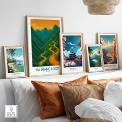 Vietnam Ha Giang Loop Poster Sunset Mountain Pass Print Travel Landscape Wall Art displayed in a gallery arrangement.