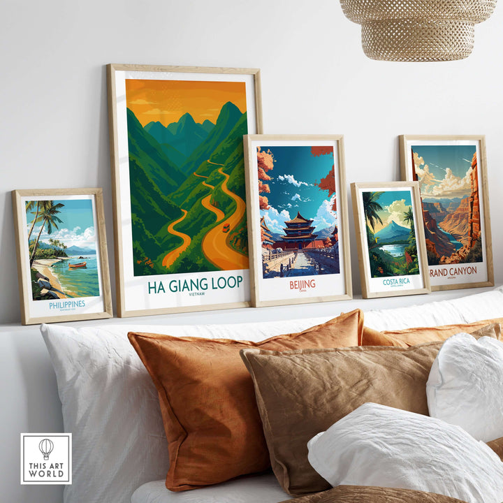 Framed travel posters of Ha Giang Loop, Beijing, Costa Rica, and the Grand Canyon in a stylish home setting.