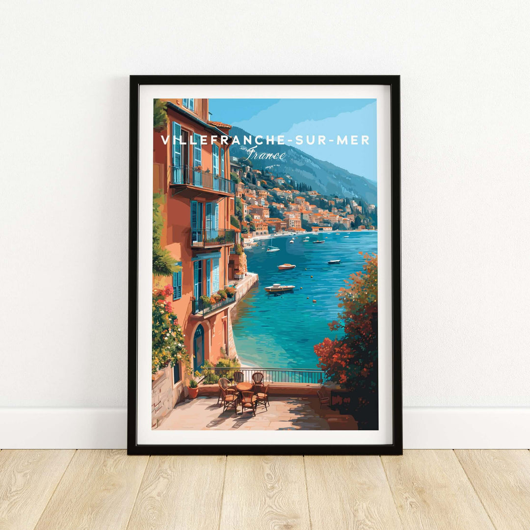 Villefranche Bay art print featuring colorful buildings and boats, ideal for Mediterranean decor.