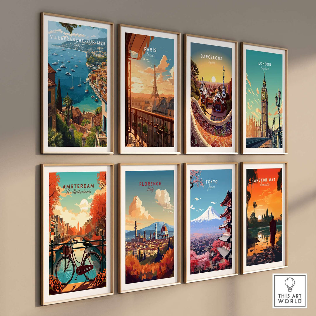 Collage of vintage travel posters featuring cities like Villefranche-sur-Mer, Paris, and Tokyo, showcasing scenic landscapes.